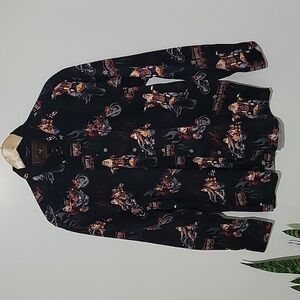 North River Men's Black Button Down Shirt Santa Claus Chopper Motorcycle Sz Lg